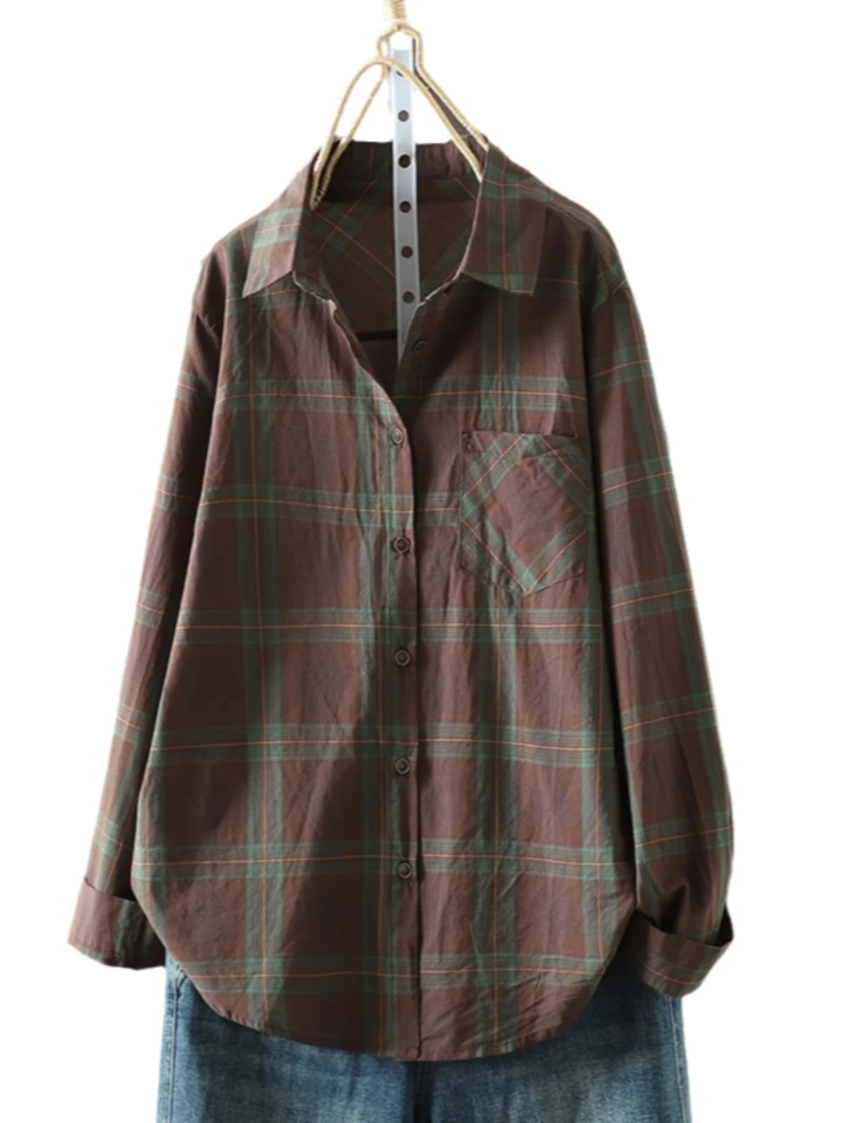 Women's Plaid Long Sve irt Coat Loose Fit Vintage Sle Casual Single ket Turn-down Collar Open Cardigan Top