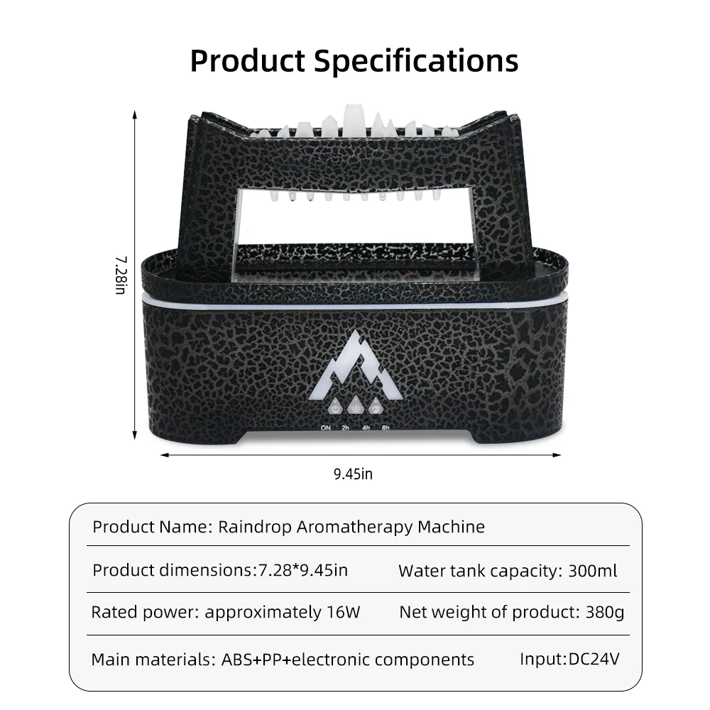 Raindrop Design Aromatherapy Mist Humidifier 300ml Black Essential Oil Diffuser with Function - 2 Colors Lights & Timer