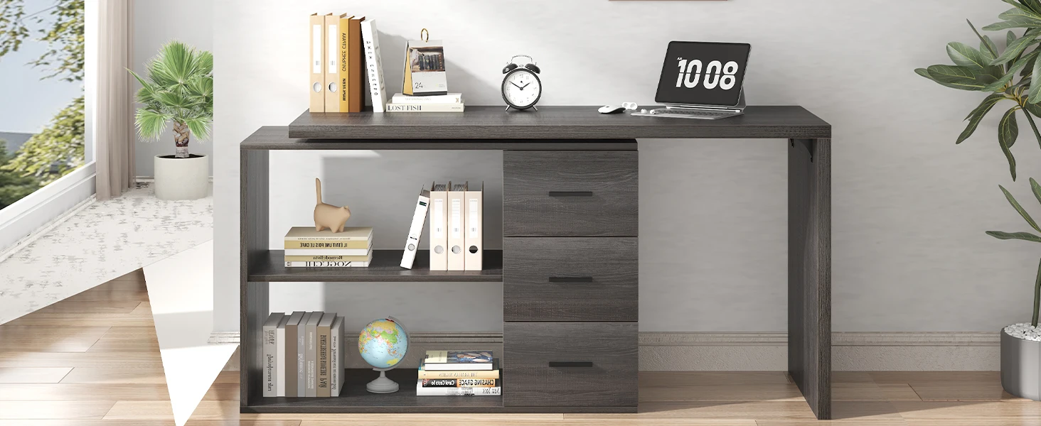 HSH L Shaped Computer Desk with Drawers, L Shaped Desk with Storage Cabinet Shelves