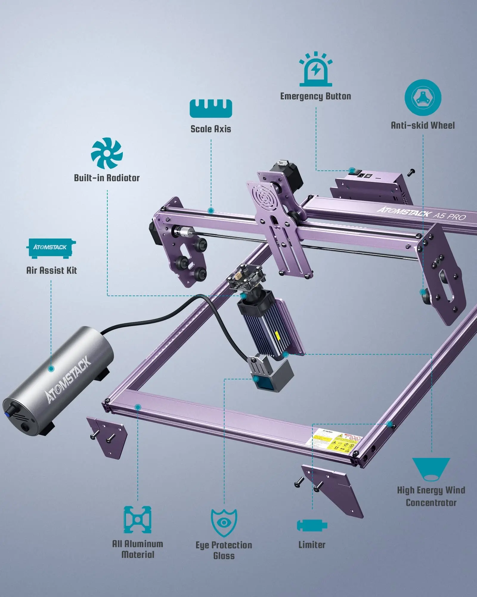 A5 Pro 5.5W 조각 기계 CNC 커터 410x400mm F30 에어 어시스트 30 L/min 눈 보호 고정 초점
