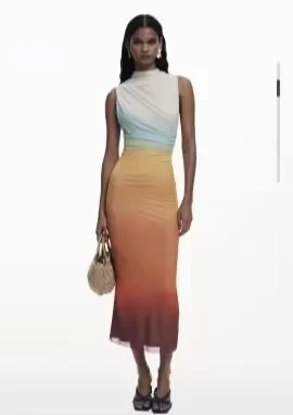 Spanish foreign trade new color twill print asymmetrical style solid color long women\'s dress