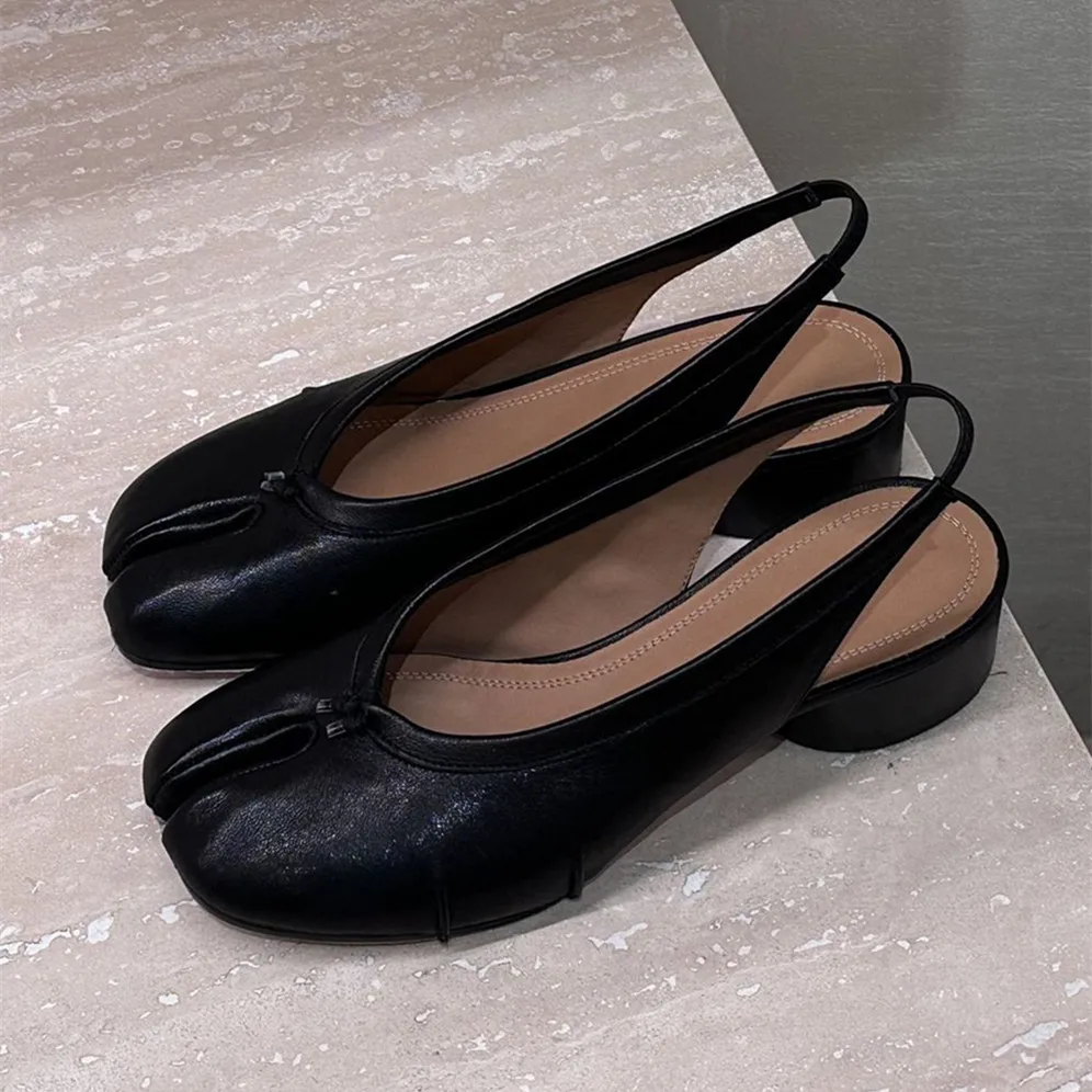2025 Spring Summer Fashion Soft Leather Split Toe Women Pumps Casual Comfortable 3.5cm Low Heeled Slingbacks Tabi Ballet Shoes image 3