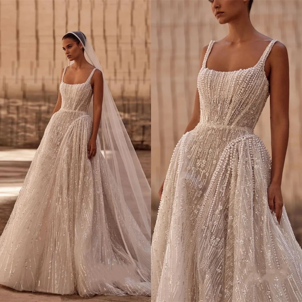 Gorgeous Bridal Dress Sequins Pearls Wedding Gown Square Neck Sleeveless A Line Gown Sweep Train Customized Dresses