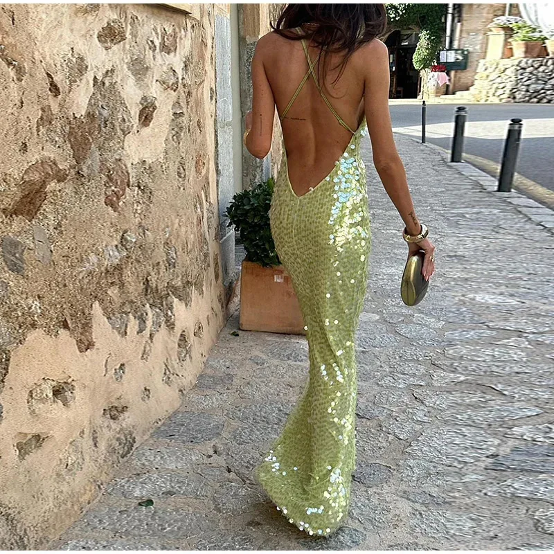 Sparkling Green Sequins Backless Women Sexy Maxi Evening Party Dress Spaghetti Straps Bodycon Clubwear Long Robe Birthday Outfit