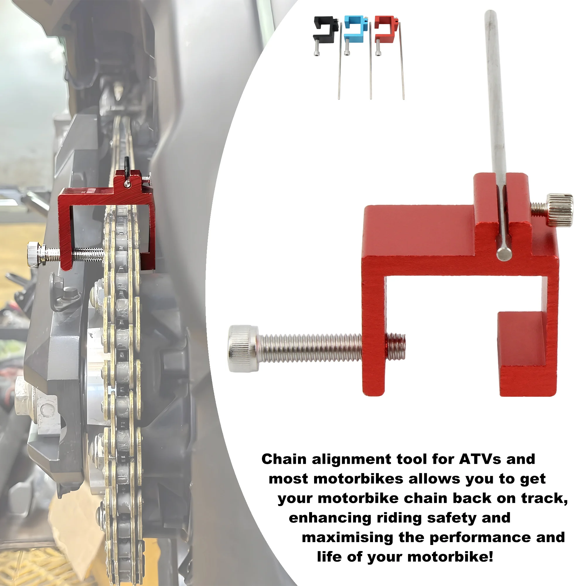 Ferramenta de alinhamento de corrente de motocicleta, ferramenta de ajuste de corrente de alumínio para roda dentada atv, esporte, dirt bike, motor, scooter, peças de reparo