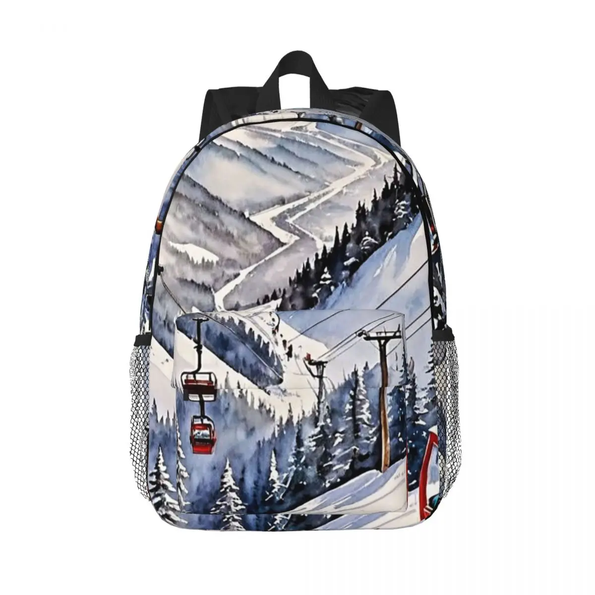 Watercolor Ski Resort And Cable Car Backpack Daypack Large Capacity Boys Girls BookBag Shoulder Bags for Unisex School Bag