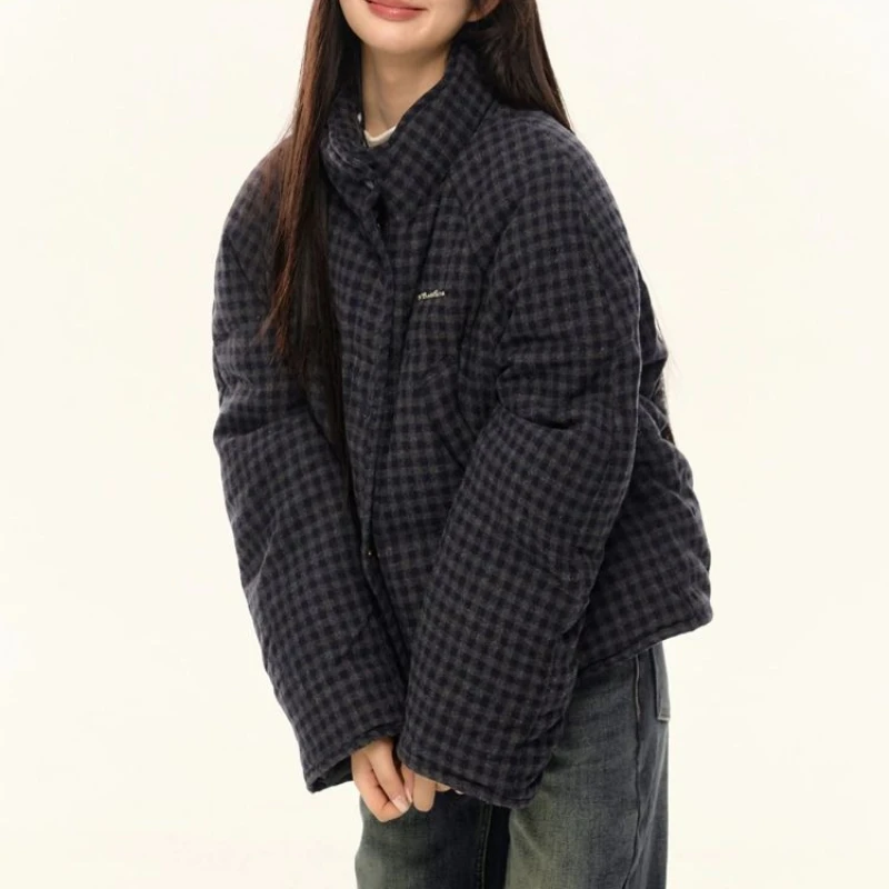 Damska luźna kurtka zimowa typu chlebak, odzież damska, koreańska krótka kurtka w kratę, ocieplana watą.
