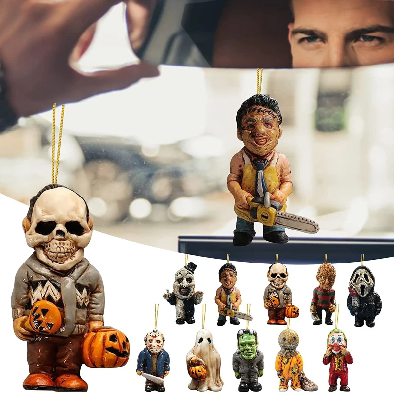 Halloween Horror Gnome Figures Zombies Dwarf Pendant Figurines Car Rear View Mirror Decoration Resin Miniature Ornament Gifts