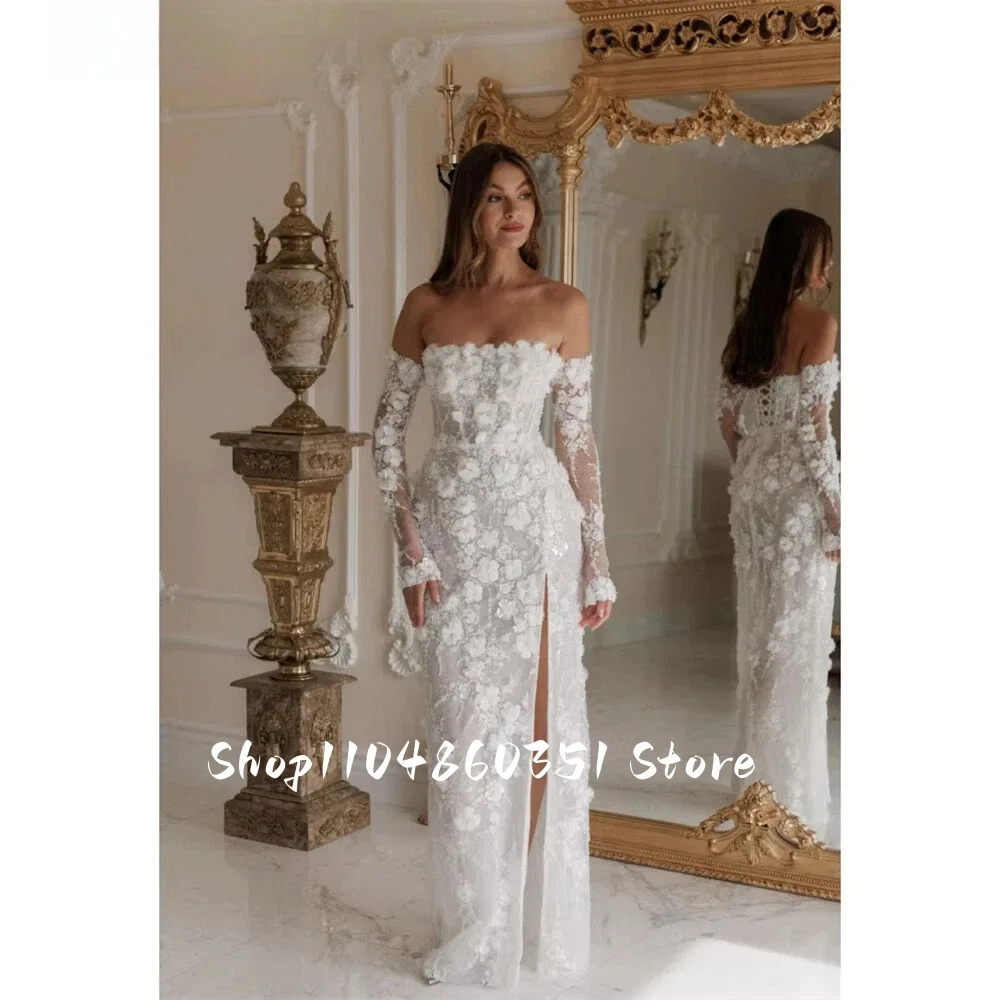 

Boemian 3D Floral Lace Wedding Dress Floor-Length Straight Bridal Gown Side Slit Sexy Beach Robe de mariée customized