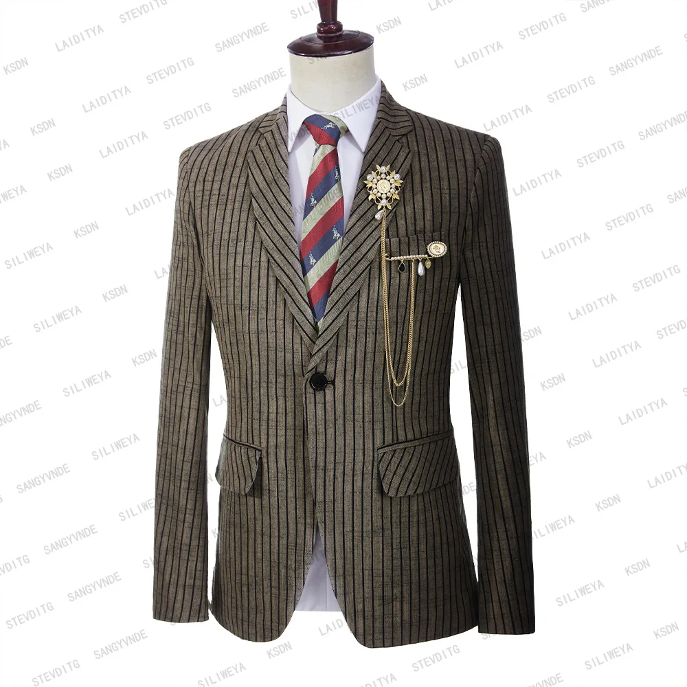 2023 Men Suits Light Brown Two Pieces Linen Single Breasted Slim Fit Stripe Wedding Blazers Set Jacket  Pants