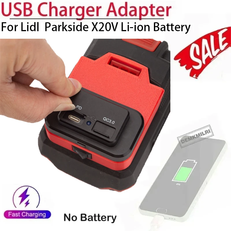 USB Power Source Adapter For  Lidl Parkside x20v Li-Ion Batteries PD/QC3.0 Fast Charger（Battery not included））