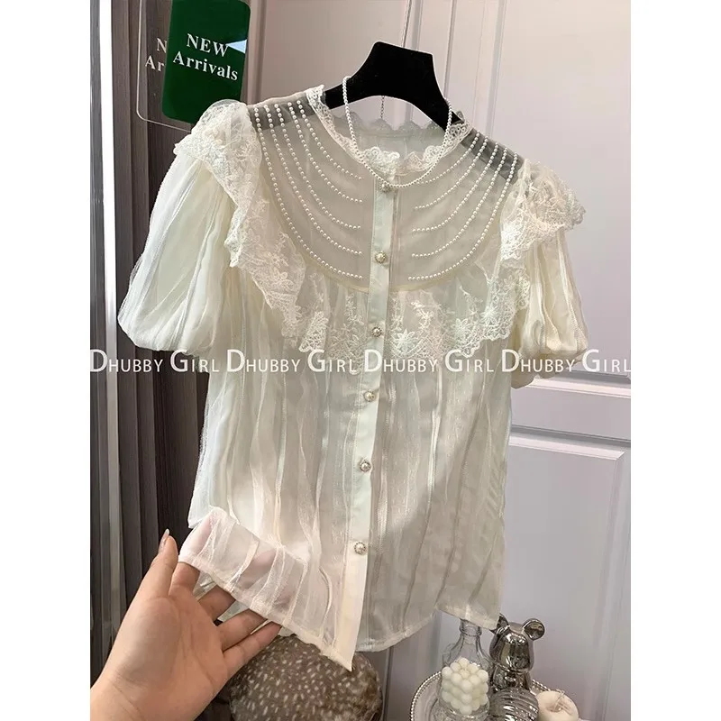 

Elegant French Blouse Women Temperament Sweet Ruffles Loose Casual Tops Summer Short Sleeve Shirts