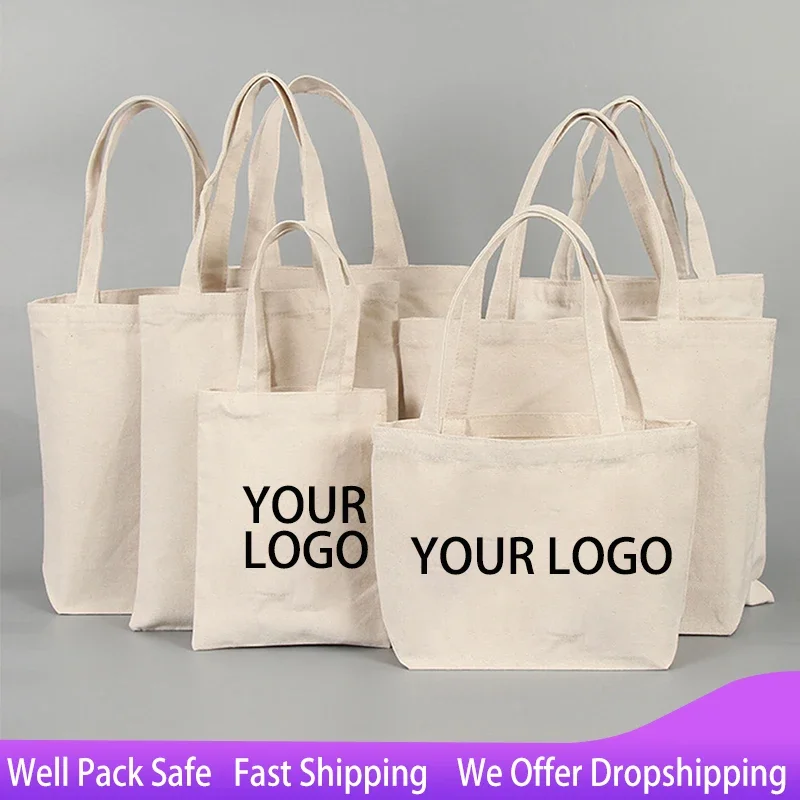 

Hand Shopping Canvas Bag Custom Pattern Blank Printable Logo Large Capacity Thick Eco-Friendly Bag (Printing Fee Not Included)