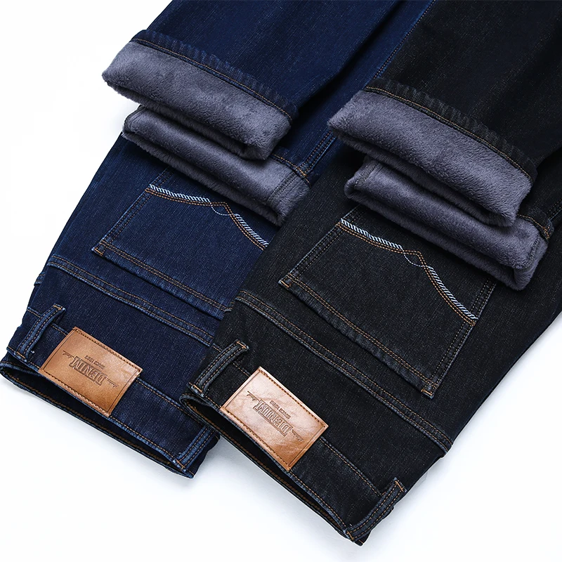 

Новые зимние мужские шерстяные теплые джинсы, модные деловые повседневные прямые эластичные джинсовые брюки, классические повседневные джинсы на флисовой подкладке