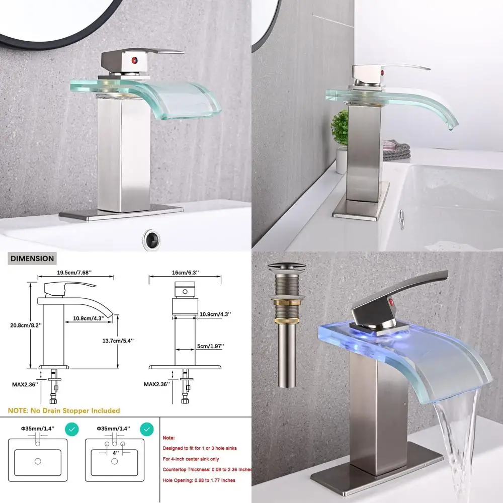 

Single Hole Brushed Nickel LED Waterfall Faucet with Pop-Up Drain for Vanity Sinks, Includes 2 Supply Lines and Wide Glass Spout