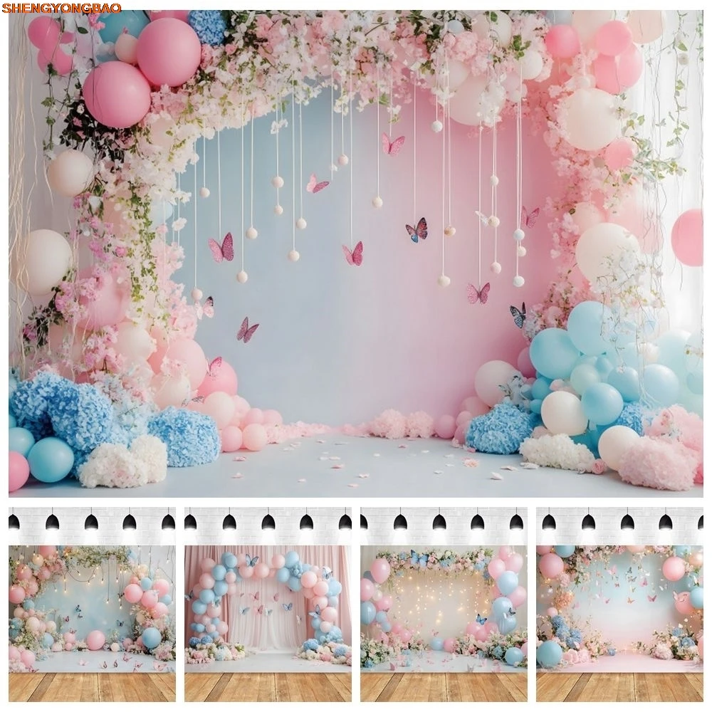 

Baby Girls Birthday Party Backdrop Balloons Butterfly Flowers Newborn Baby Shower Cake Smash Portrait Photography Background