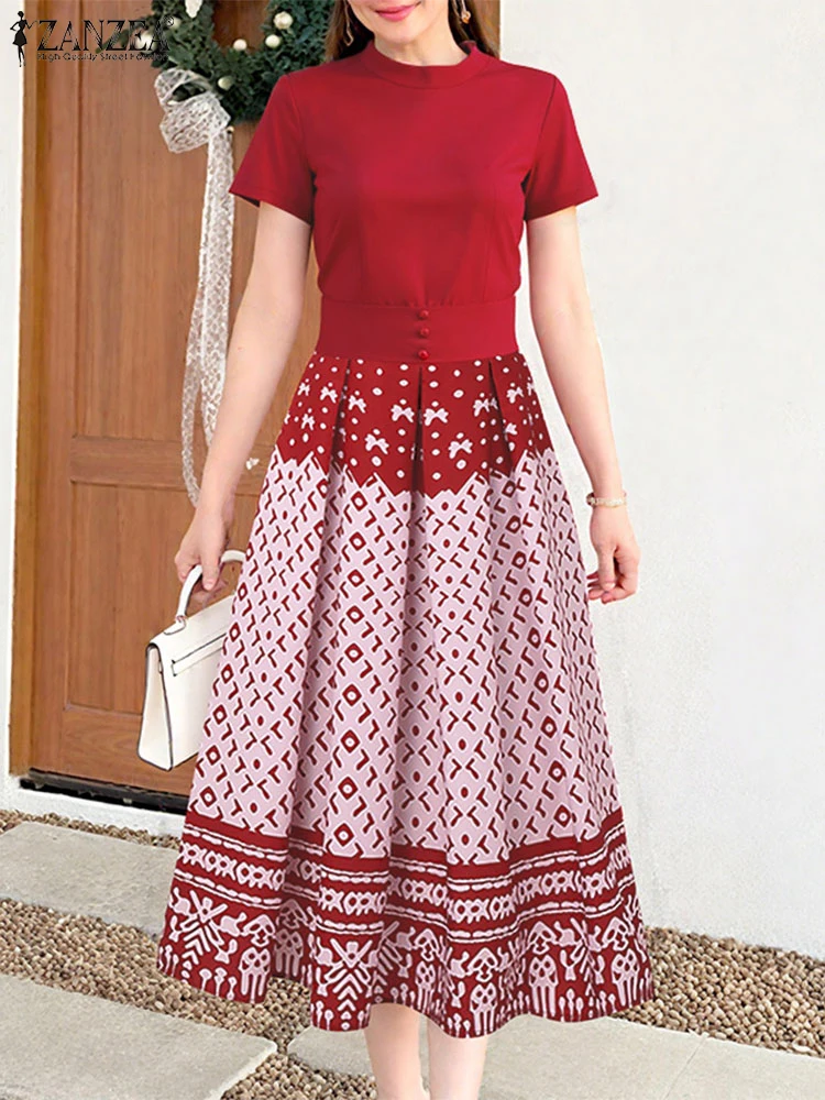 ZANZEA 2025 Estate Vintage Stampa etnica Abiti a-line Donna Moda Manica corta Vita aderente Colletto alla coreana Midi Robes Femme
