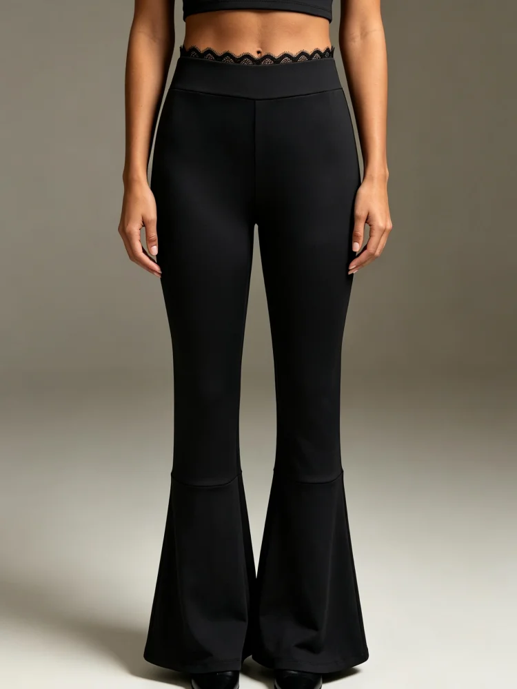 Schlaghosen für Damen, niedrige Taille, mit Spitze verziert, ausgestellte Hosen, einfarbig Schwarz, mit Kniereißen, schmal geschnitten, lange Hosen, Y2K, für den Alltag – Detail 5