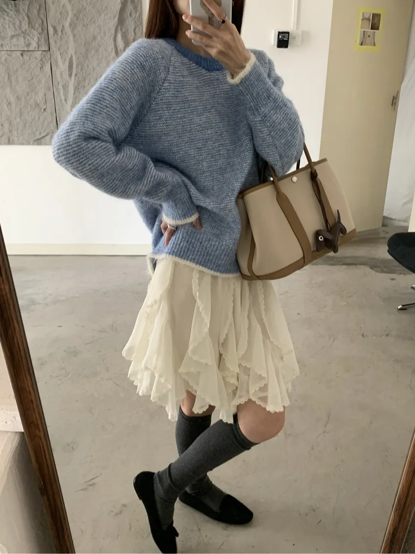 เสื้อสเวตเตอร์ไหมพรมถักลายทางสีตัดกัน สไตล์ลำลอง นุ่ม สบาย ทรงหลวม ยาว สำหรับผู้หญิง รุ่น Winter Thiened