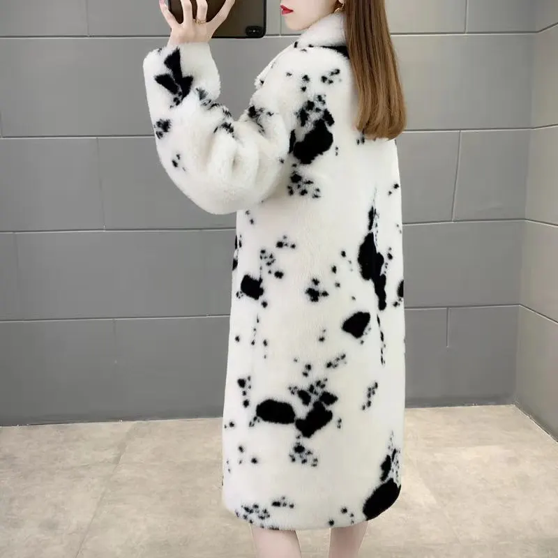 New Autumn and Winter Women\'s Imitation Mink Fur Coat Cow Pattern Long Square Collar Coat Imitation Fur Mid-length