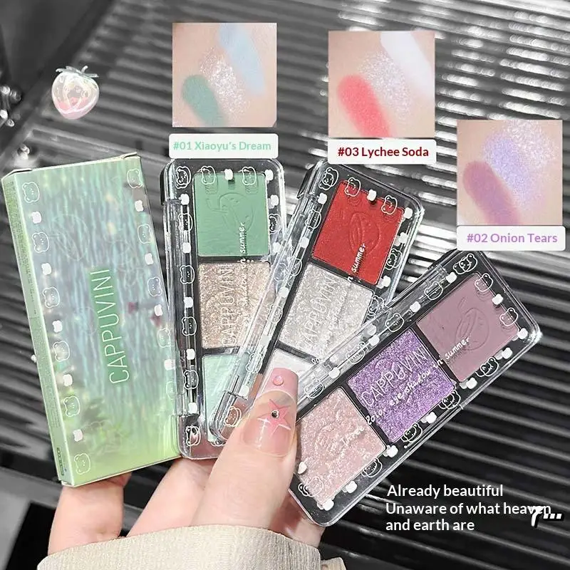 Paleta de Sombras de Ojos Cappuvini en Tres Colores: Morado, Verde y Rojo, Polvo Iluminador, Maquillaje Natural con Brillo