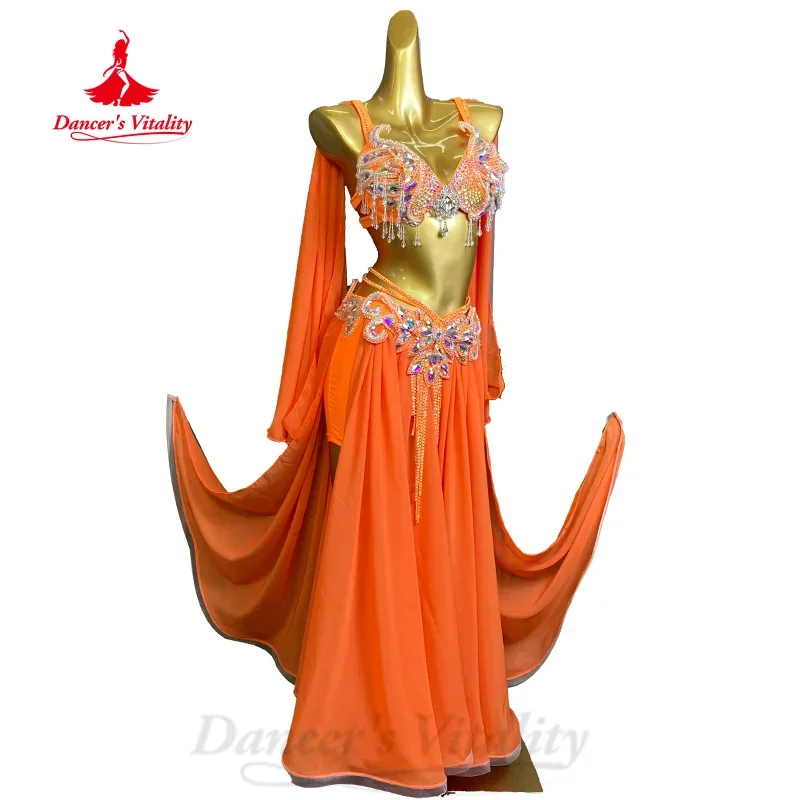 Belly Dance Costume Set for Women's Customized Senior AB Stones Bra+Chiffon Tassel Long Skirt 2pcs Dancer Competition Clothing