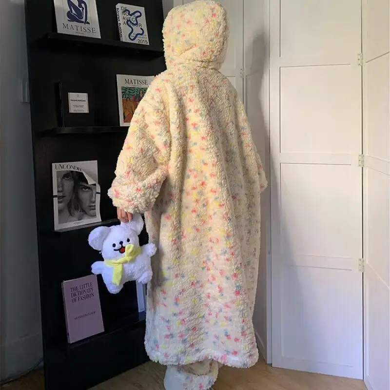 الشتاء رشاقته فتاة بيجامة مجموعة Kawaii مقنعين رداء لطيف الدفء Homewear يمكن ارتداؤها كملابس خارجية المرجان الصوف طالب ملابس خاصة #4