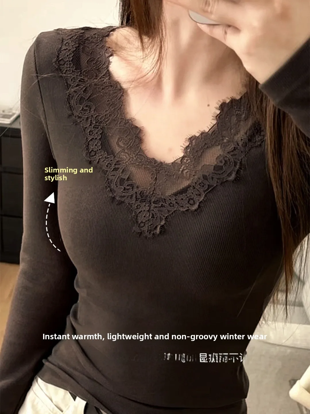 Fleece Lined Warm Underwear Top for Women Low Cut Sexy Outfit Lace Detailing Autumn Winter Base Layer Shirt Versatile Wear