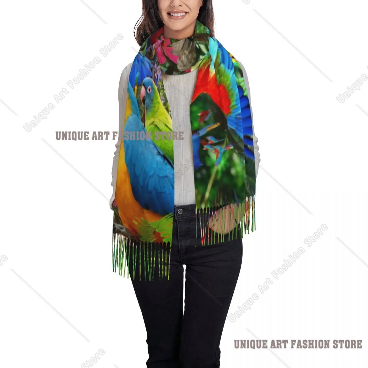 Stampa personalizzata Simpatici pappagalli tropicali Uccelli Sciarpa Uomo Donna Inverno Autunno Sciarpe calde Cockatiel Ara Parrotlet Scialli Avvolge