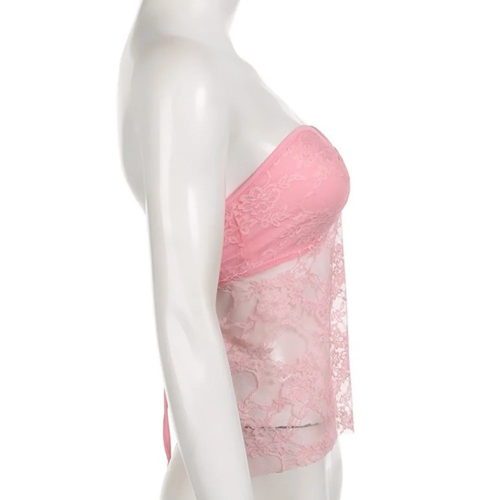 シックなスリムフィットレースブラキャミソールストリートウェアスイートブラレットクロップトップス透明チューブトップ女性用