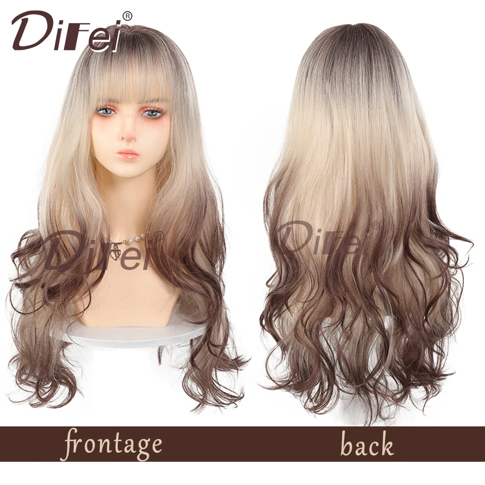 DIFEI Siamese Cat Gradient Synthetic Wig Female Sweet Cool Golden Brown Gradient Long Curly Hair Wavy Hair Full Head Wig