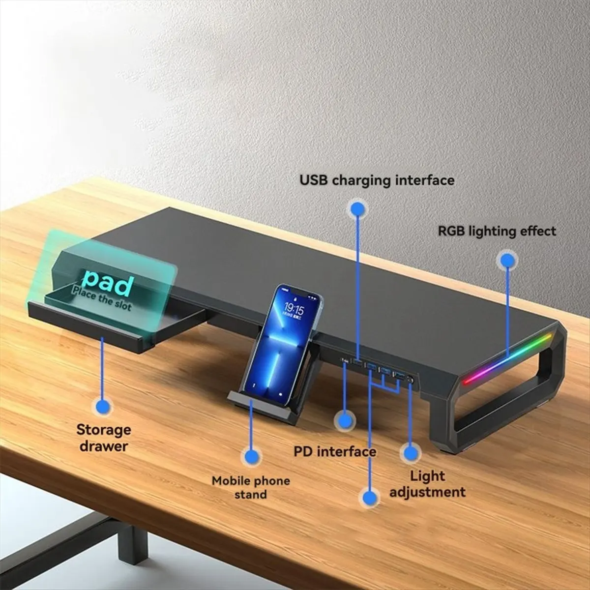 T35C 4USB PC Monitor Stand Keyboard Storage Space Laptop Monitor Stand with USB2.0 Fast Charging with RGB Light