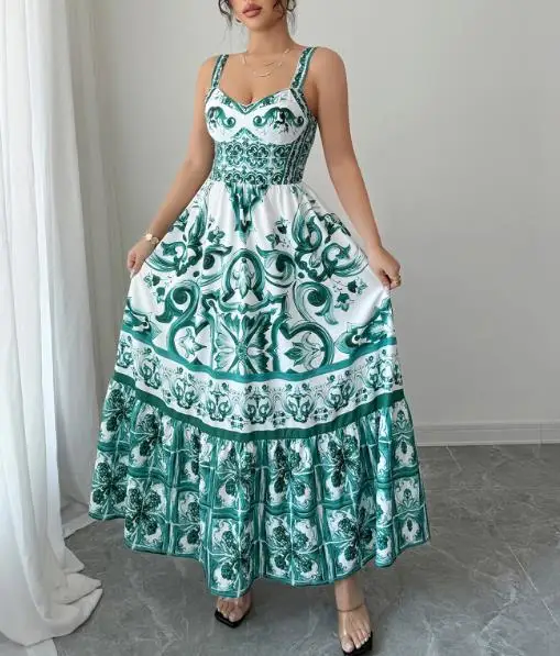 

2025 Casual and Minimalist Women's Vest Printed Long Skirt, Summer V-Neck Waist Cinched Flower Print Sleeveless Suspender Dress