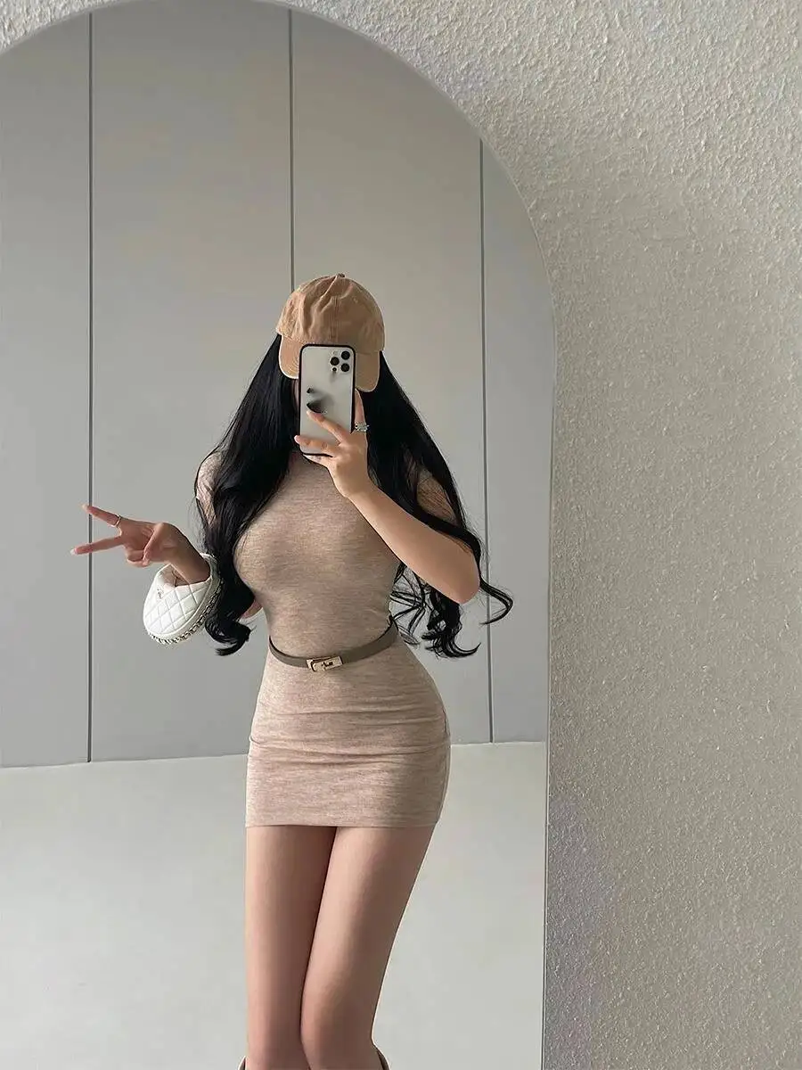 WOMENGAGA Sexy Sottile Abito a maniche corte Elegante T-shirt corta Mini abito Dolcevita Cintura Rosa Hot Sexy Donne coreane Bella 0Q8N