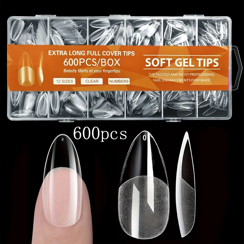 600Pcs Almond Nail Tips Half Matte Full Cover Acrylic Nails Tips Medium Gel False Nail Manicure Salon Home DIY Press on Nails