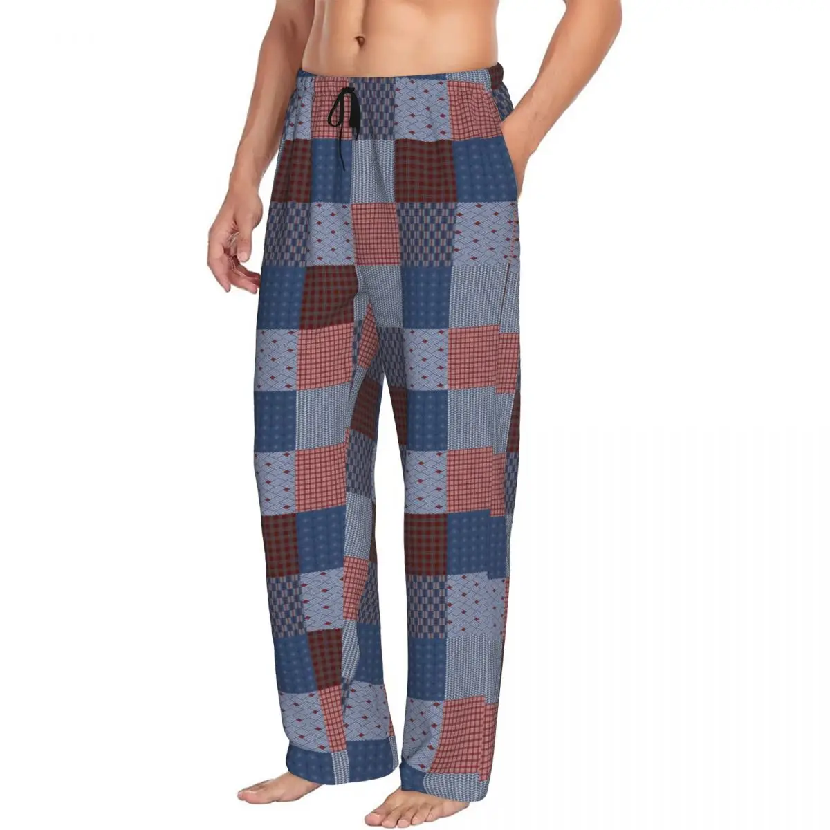 Custom Print Plaid Country Quilt Pajama Pants for Men Checkered Farmhouse Buffalo Check Sleep Sleepwear Bottoms with Pockets