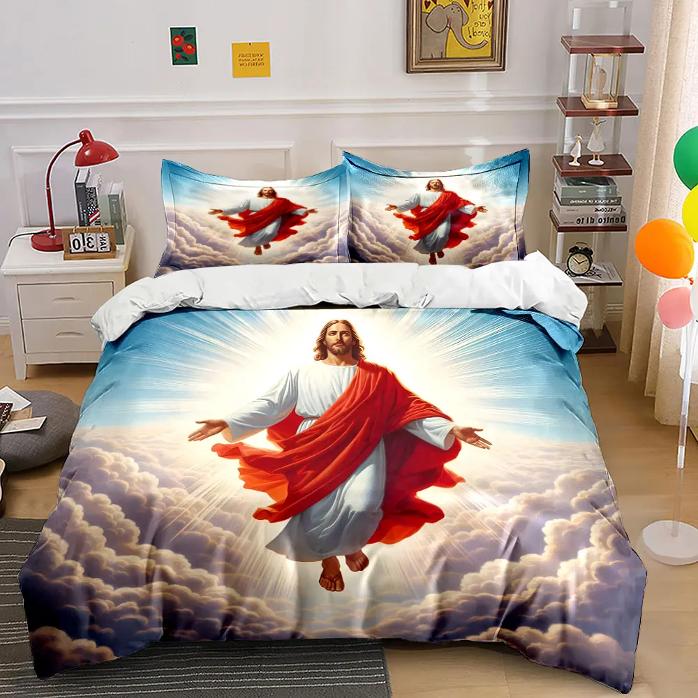 Jesus Ascending with Radiant Light Pattern Duvet Cover Set Digital Print Colorful Polyester Bedding with Zipper Closur for gifts