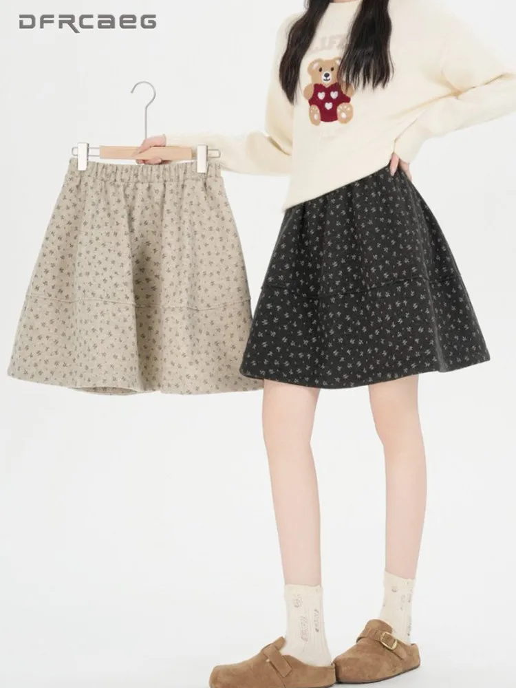 

Autumn Winter Floral Print Woolen Short Skirt For Woman High Waist Slim Casual Knee Length A-line Sweet TuTu Skirts Lady