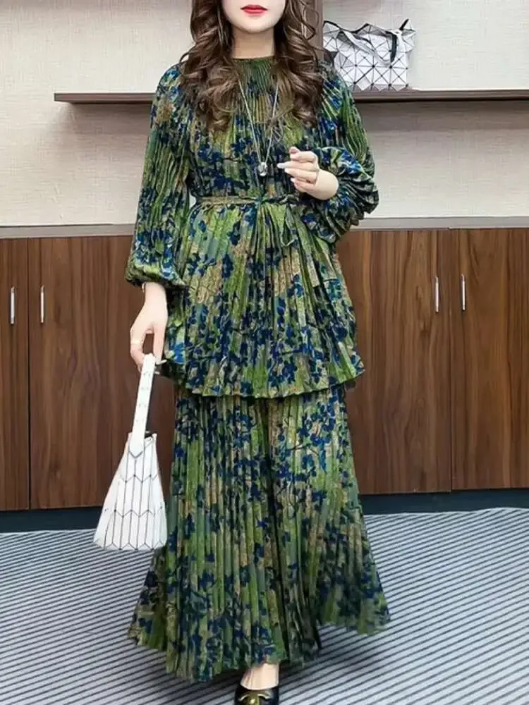 

Miyake 2025 Summer New Vintage Style Women's Pleated Printed Set Round Neck Loose Tie Top High Waist Half Body Skirt Two Piece