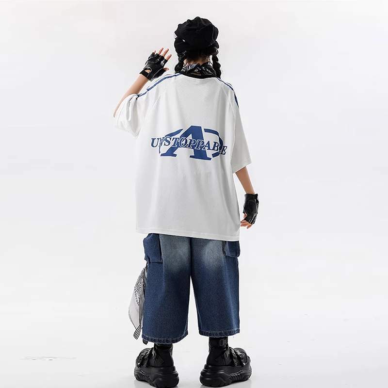 소녀 힙합 재즈 복장 멋진 소년 스트리트 댄스 의상 어린이 streetwear 십대 의상 느슨한 7 피트 데님 반바지 세트 xh2970
