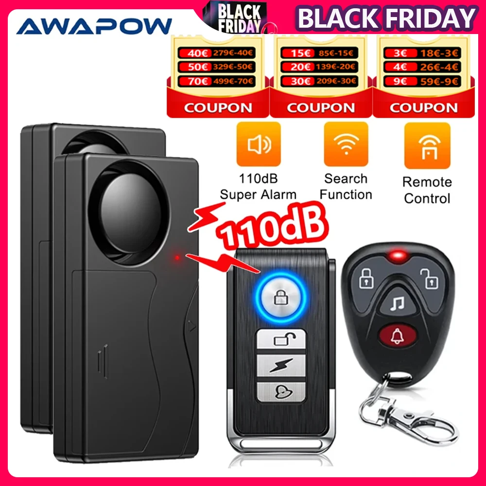 Awapow Wireless Vibration Bike Alarm With Remote Control Anti-Theft Door And Window Alarm 110dB Loud Home Bicycle Security