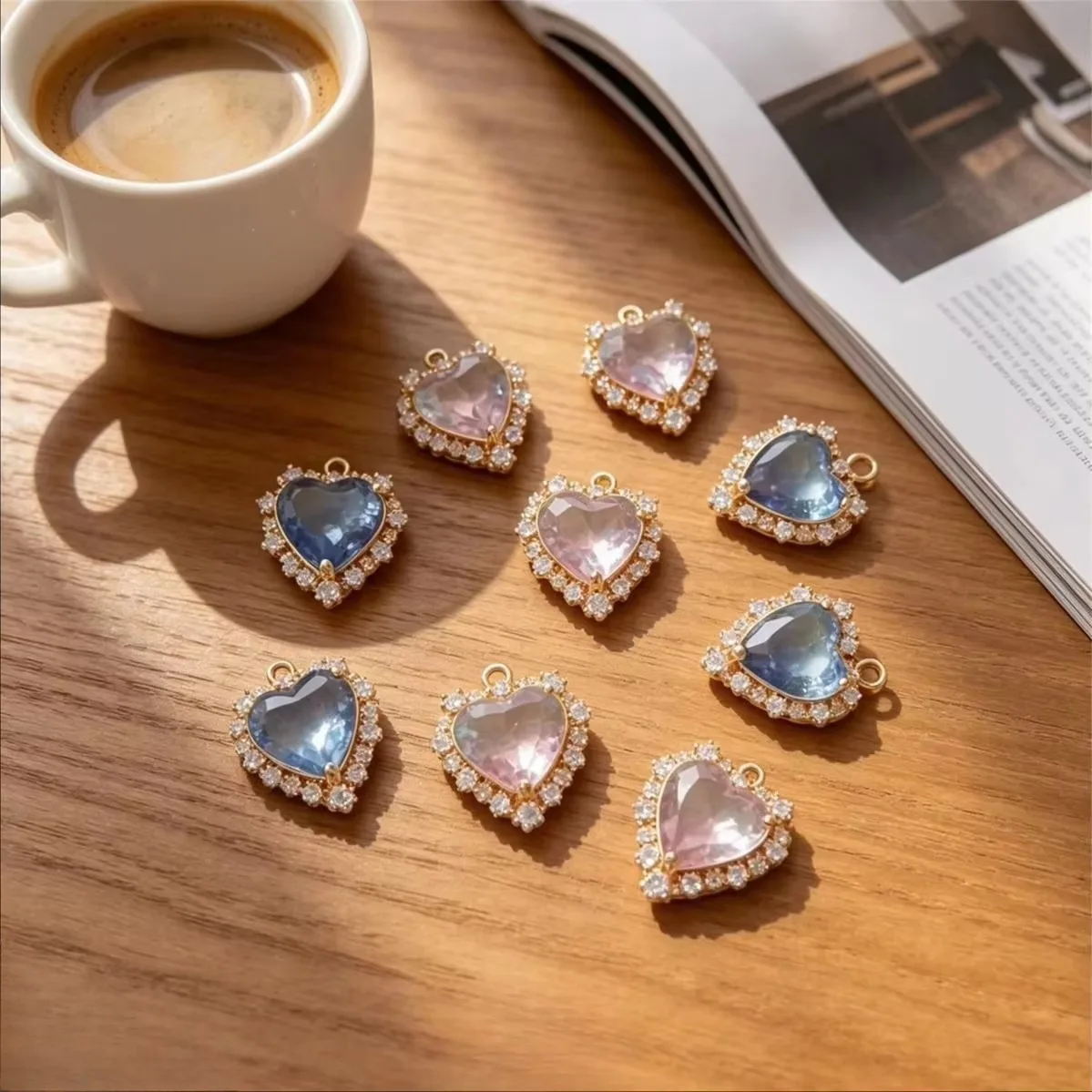 Brass 14K Gold Plated Micro Pave CZ Ocean Heart Tourmaline Color Peach Charms Pendant DIY Necklace Jewelry Accessories
