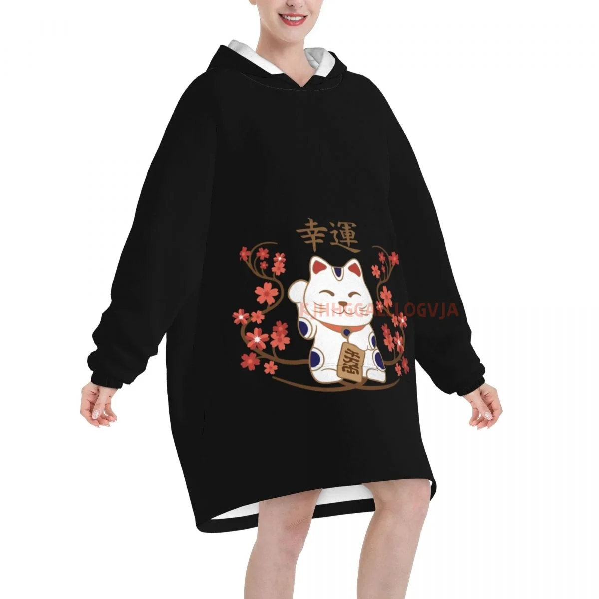 Japanese-Lucky-Cat Wearable Flannel Blanket Hoodie Oversized Hooded Blanket Pullover Sweatshirt Fleece Sherpa Blankets