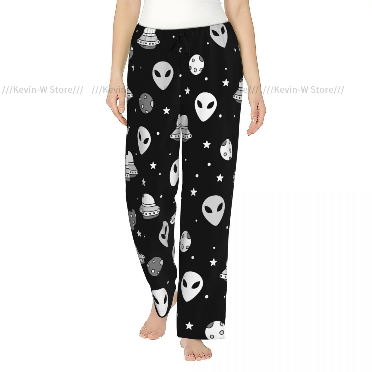 

Women Cozy Flannel Lounge Pants Soft Space Themed Alien Face And Ships Sleep Bottoms for Winter Homewear