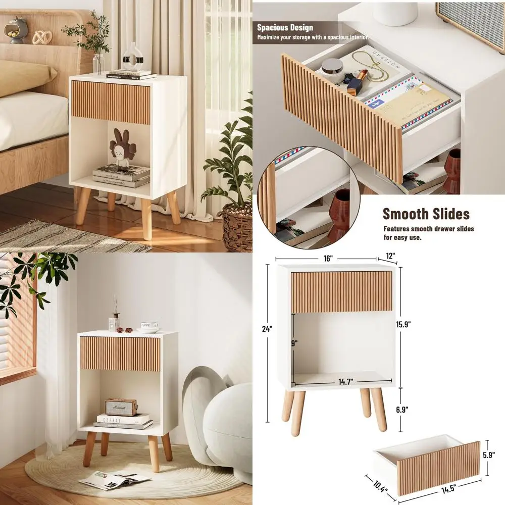 

Solid Wood Nightstand with Storage Drawers and Open Shelf for Living Room or Bedroom