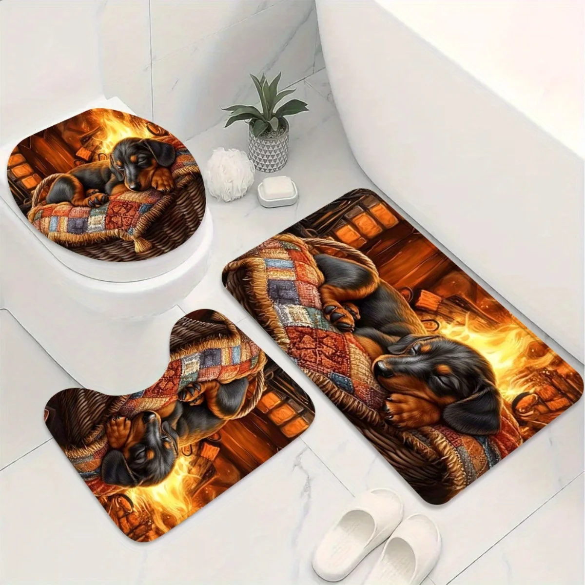 

Cute Dachshund Bathroom Rug Set 3 Piece Dog Sleeping By Fireplace Toilet Mat And Contour Rug Non Slip Soft Bath Mats