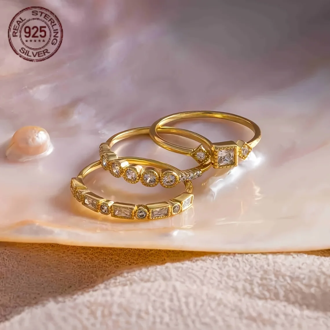 925 Sterling Silver Ring Set For Women Vintage Dainty Diamond Zircon Stacking Rings in 18K Gold Plated Cocktail Art Deco Jewelry