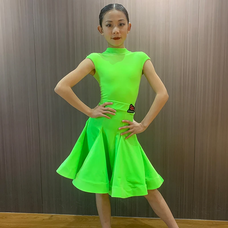 

2023 New Fluorescent Green Latin Dance Costumes For Girls Chacha Rumba Tango Dress Children Latin Competition Clothing DN15214