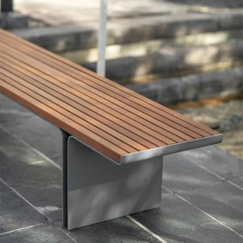 Luxury Outdoor Park Bench Stainless Steel Teak Solid Wood Garden School Leisure Villa Courtyard Seat Durable Modern Design