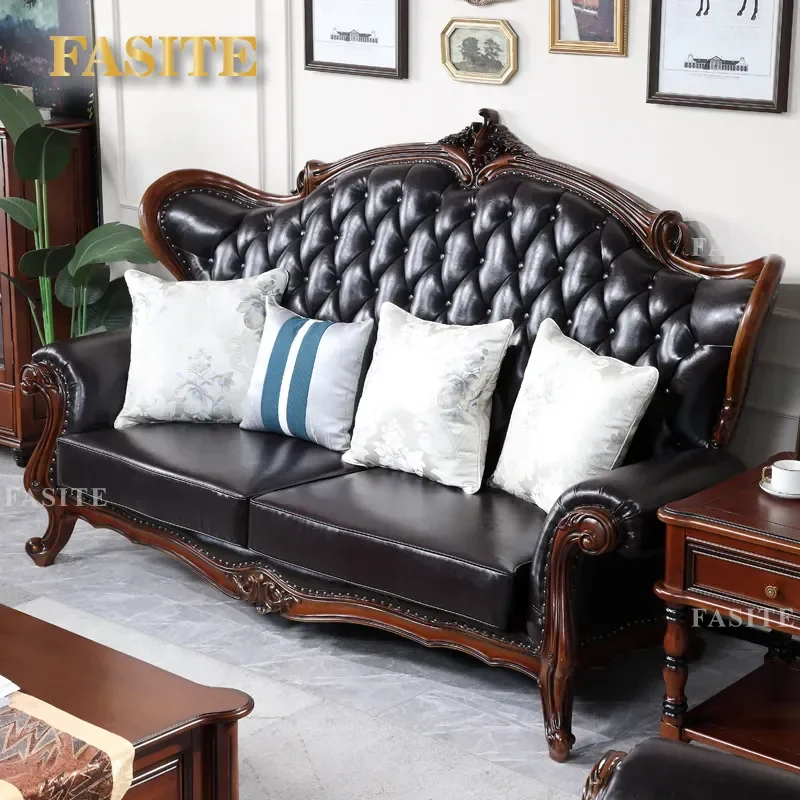 For American Country Style Living Room Furniture Top Layer Cowhide Solid Wood Leather Sofa Simple Pastoral 123 Combination